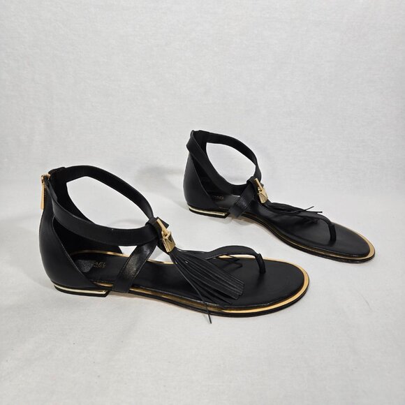 MICHAEL KORS Winslow BLACK Leather Gold-Lock- Fringe GLATIATOR Sandals Size 10M. - Picture 1 of 16
